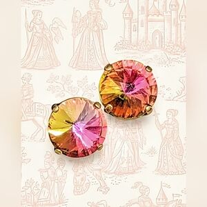 Large Volcano Pink & Green Sparkling Swarovski Crystal Stud Earrings In Brass